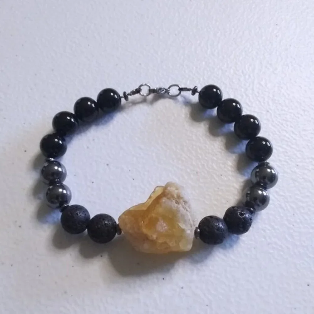 Massive!!! Raw Citrine Black Jasper Hematite & Lava Rock Men's Bracelet 8.5